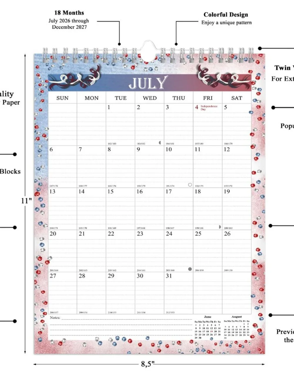 2026-2027 Wall Calendar Spiral-bound Twin-Wire Binding - 18 Months 8.5